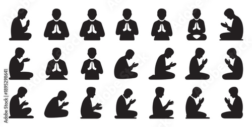 Monk prayer icons, religious devotion and spiritual practices in various poses and serenity
