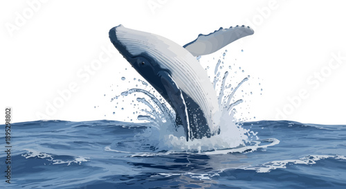 A majestic whale breaches the ocean's surface with a massive splash, illustration, ocean view