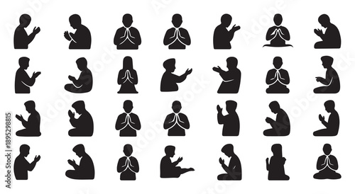 People praying silhouette collection showing various postures and hand gestures for religious and holy acts