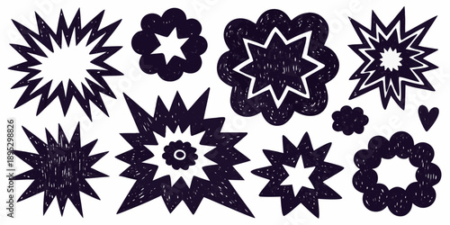 Abstract floral and starburst shapes in a black and white doodle style