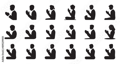 Muslim man praying silhouette icons showing dua posture and sitting positions for islamic design projects