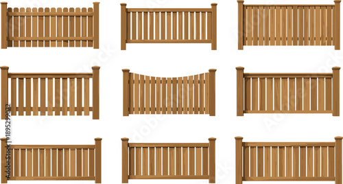 Collection of Various Wooden Fence Designs for Garden and Backyard Security Featuring Different Timber Picket Styles in Detailed Flat Vector Illustration Set.