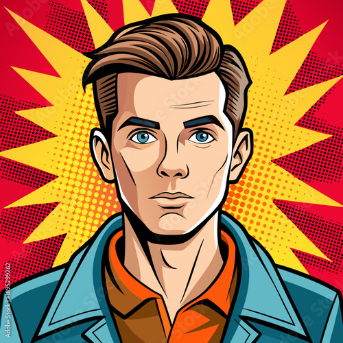 Pop art portrait of a handsome man with a dynamic starburst background