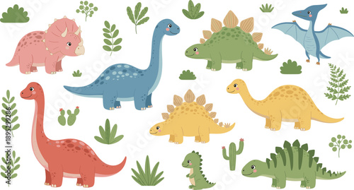 Collection of Cute Cartoon Dinosaur Icons Featuring Triceratops Brachiosaurus and Stegosaurus With Tropical Leaves and Cacti in Detailed Flat Vector Illustration Design Set.