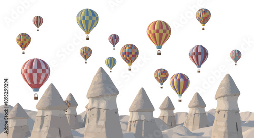 Hot air balloons soaring above unique rock formations in a breathtaking landscape view