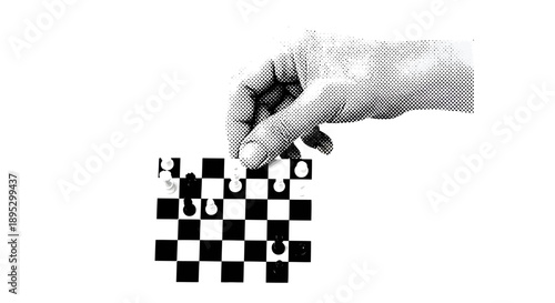 A hand moving a chess piece on a monochrome chessboard from an overhead viewpoint