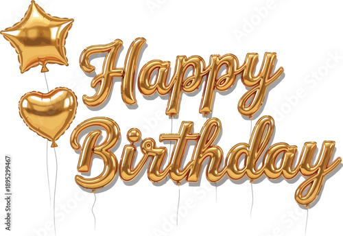 Gold balloons spelling happy birthday on strings with star and heart shape