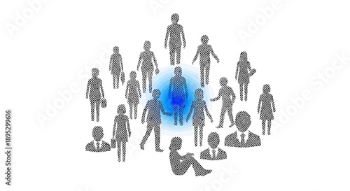 Diverse group of individuals gathered around a central figure, illustrating community and leadership in a flat design illustration from a top-down viewpoint