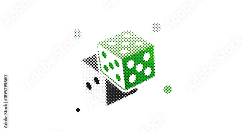 A 3D green dice illustration with pixelated effects and scattered dots on a clean background from a diagonal viewpoint