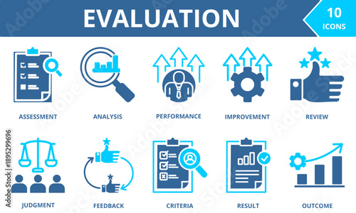 EVALUATION icon collection set. Containing assessment,analysis, performance, improvement, review, judgment, feedback, criteria, results, outcome, performance management, evaluation . dual tone vector.