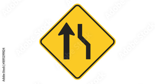 Yellow diamond-shaped road sign with black arrows indicating lane merge ahead on highway