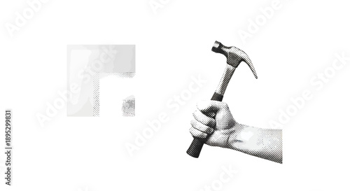 A hand holding a hammer in a construction setting from a frontal viewpoint