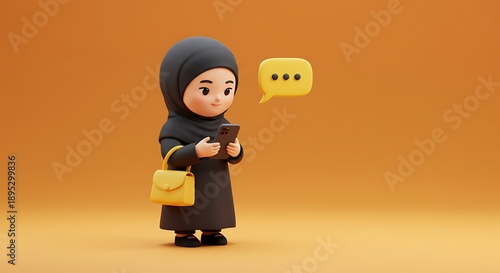 3D illustration of woman in black abaya using smartphone with chat bubble, ideal for concepts of digital communication and modern social interaction