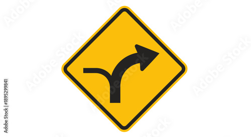 A yellow diamond-shaped road sign with a black arrow curving right on a roadside