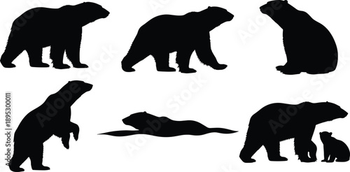 Set of Polar Bear Silhouettes Collection Featuring Standing, Walking, Sitting, Swimming, and Mother with Cub for Arctic Wildlife Design and Vector Illustration