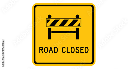 Road closure sign with barrier on yellow background viewed from the front
