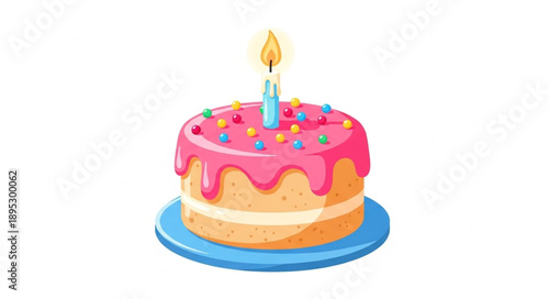 Delicious Birthday Cake with Pink Frosting and Candle.
