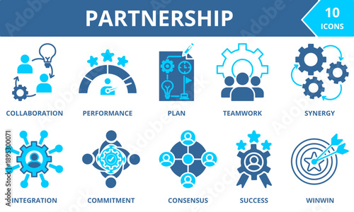PARTNERSHIP icon collection set. Containing Collaboration, performance, plan, teamwork, synergy, integration, commitment,consensus success, winwin. dual tone vector.