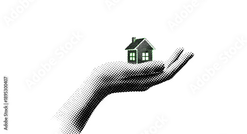 A hand holding a small house model, showcasing a dream home from a personal perspective in a halftone illustration