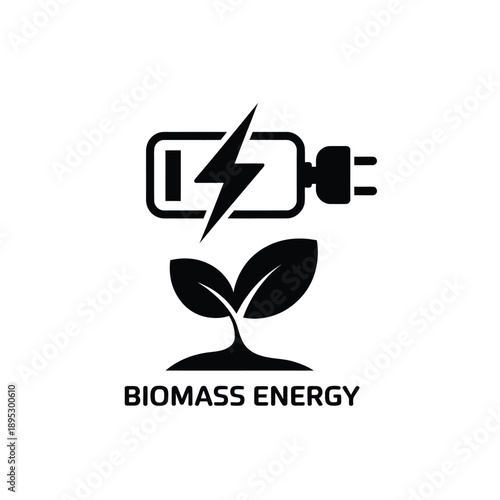 A black and white icon depicting renewable energy from biomass sources