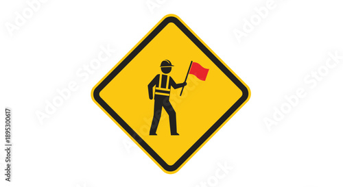 A yellow diamond-shaped road sign with a black border and a black silhouette of a worker holding a red flag is visible from a direct viewpoint.