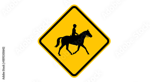 A yellow diamond-shaped sign featuring a black silhouette of a horse rider on a horse