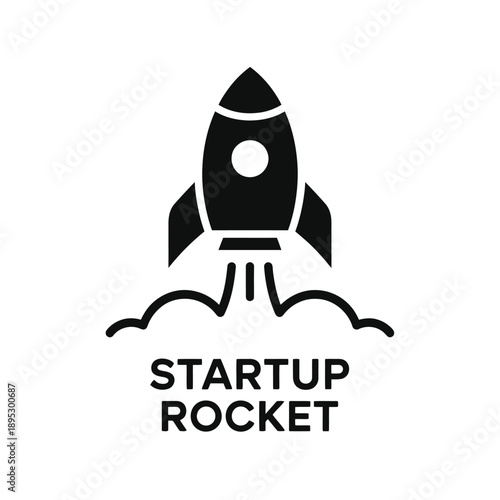 A black rocket ship launching with the text startup rocket below it
