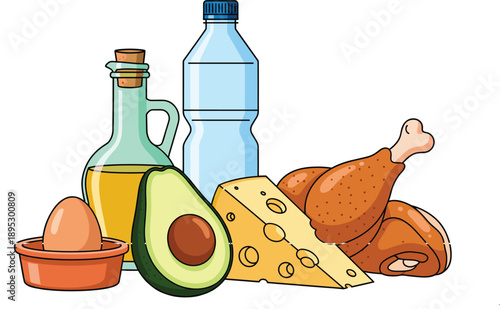 Healthy keto diet food vector illustration with avocado chicken drumsticks cheese egg olive oil and water bottle isolated on white background concept