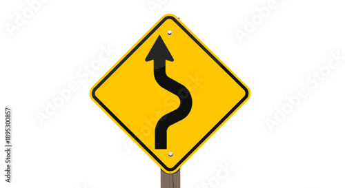 A yellow road sign with a black curved arrow indicating a winding road ahead on a straight road
