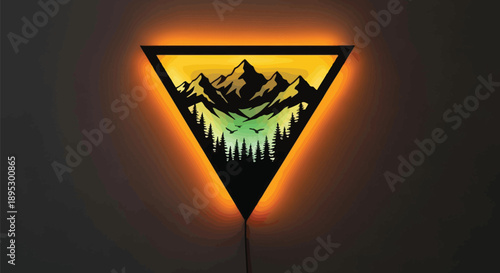 Unique triangular wall lamp featuring a black silhouette of mountains and trees design
