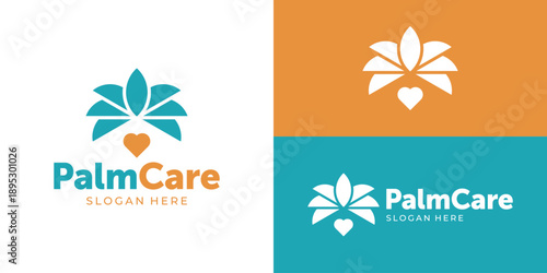 Creative simple palm care logo template. Palm tree with love shape for Medical clinic logo design vector illustration.