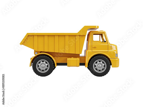 Side view yellow dump truck isolated on white background.