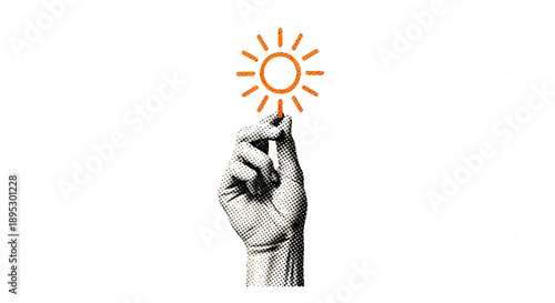 Hand holding a drawn sun symbol with orange color against a plain white background from a straight-on viewpoint