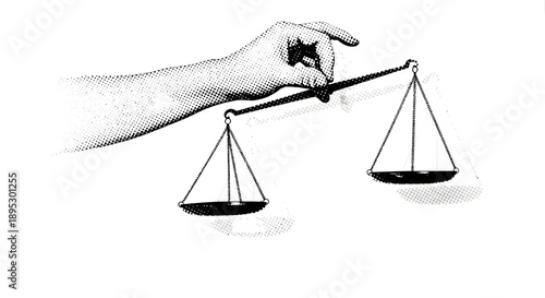 Hand holding scales evenly balanced from a close-up view, symbolizing justice and fairness in a monochromatic illustration.