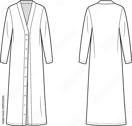 Front and back technical flat sketch of long buttoned robe with V neck and sleeves fashion design vector