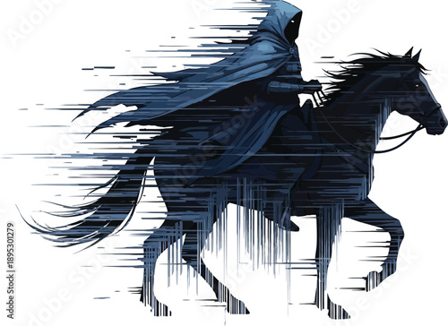 Dark hooded figure riding a horse with flowing cloak and gliding stride