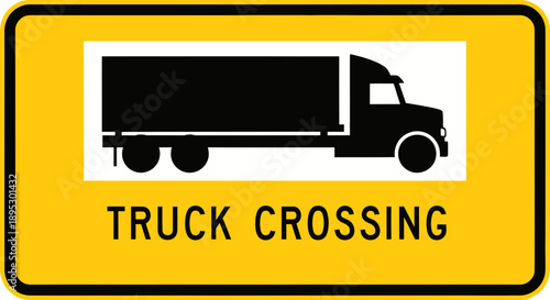 A graphic illustration of a truck crossing sign on a yellow background viewed from the front