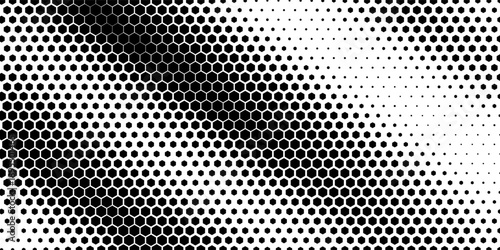 Hexagon halftone gradient texture. Abstract black grunge background. Geometric retro halftone tech overlay. Fading wavy hexagonal pattern backdrop. Vector wallpaper