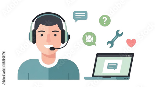Customer support agent working on laptop with icons representing service and assistance floating above