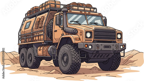 Archaeological Expedition Offroad Vehicle in Desert Terrain, Heavy Duty Exploration Truck, Detailed Flat Vector Illustration