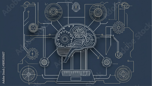 Technical Illustration of Human Head with Mechanical Components on Dark Background
