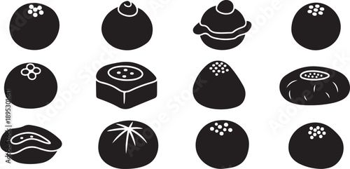 A collection of black sushi icons on a transparent background
