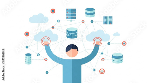 Man accessing cloud databases with interconnected devices from a central viewpoint