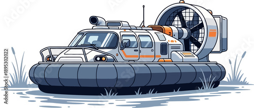 Hovercraft Offroad Vehicle for Land and Water Terrain, Advanced All Terrain Transport Machine, Detailed Flat Vector Illustration