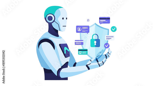 Robot protecting digital data with shield and lock icon