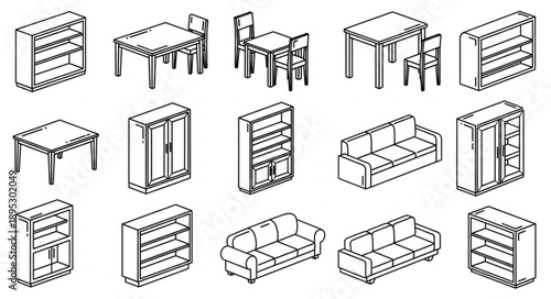 Collection of Isometric Furniture Line Drawings.