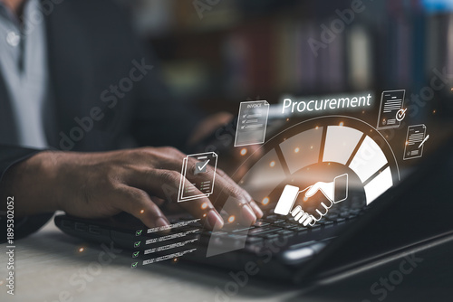 Business professional managing digital procurement process on laptop with supplier documents and approval workflow,representing purchasing management,contract control,efficiency,corporate operations.