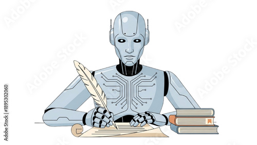 Robot writing with feather quill on parchment surrounded by books