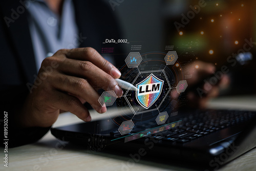 Business professional interacting with LLM security interface, representing AI data protection, cybersecurity, enterprise AI governance, analytics, and secure large language model technology.