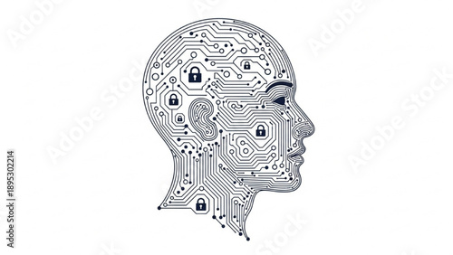 Circuitry head profile illustration showcasing security locks
